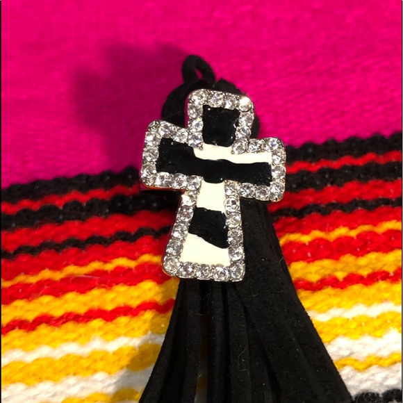CROSS RING ZEBRA PRINT RIMMED IN RHINESTONES   ADJUSTABLE - Picture 1 of 3